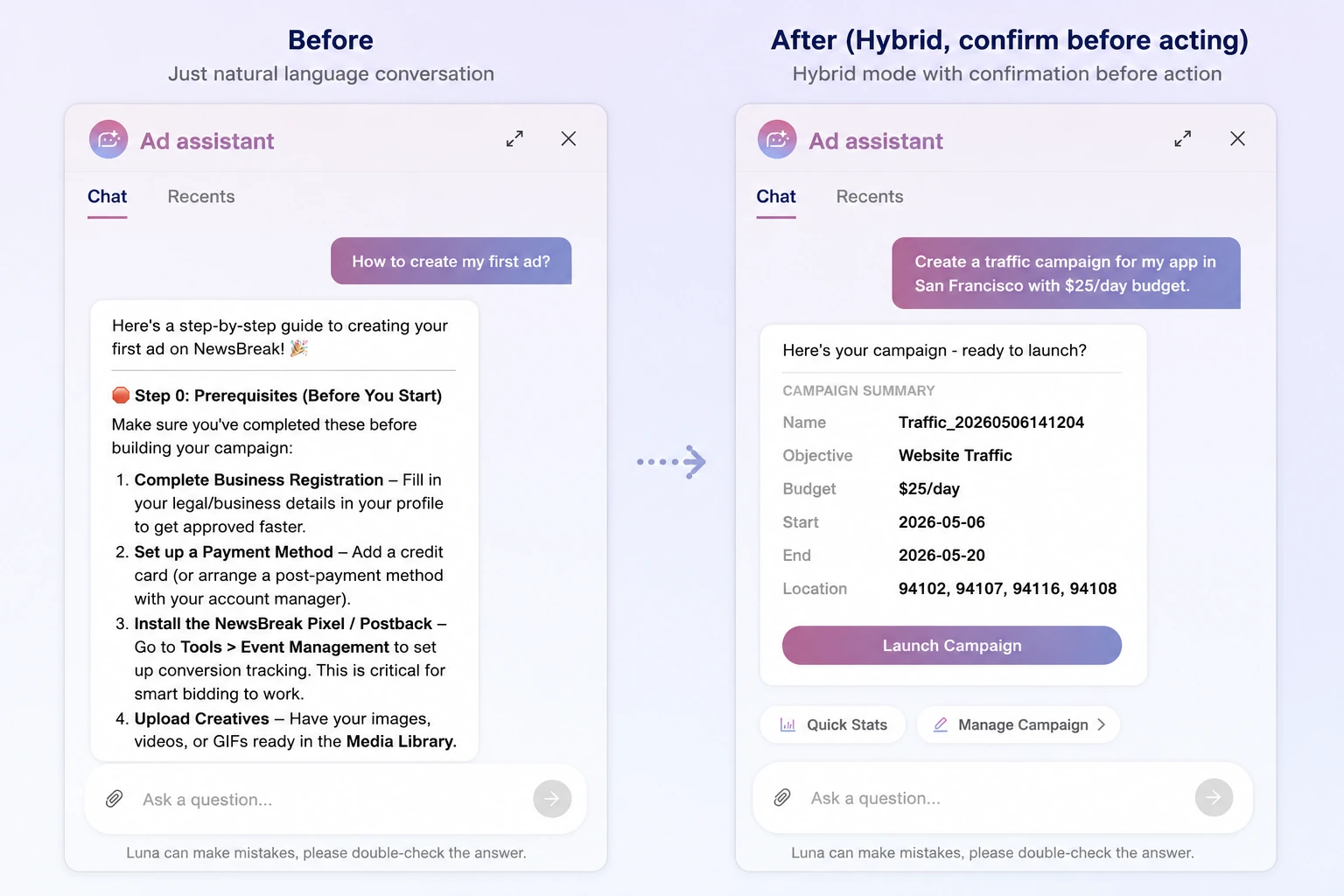 Before: free-form conversation only. After: hybrid mode confirming the campaign before it's created