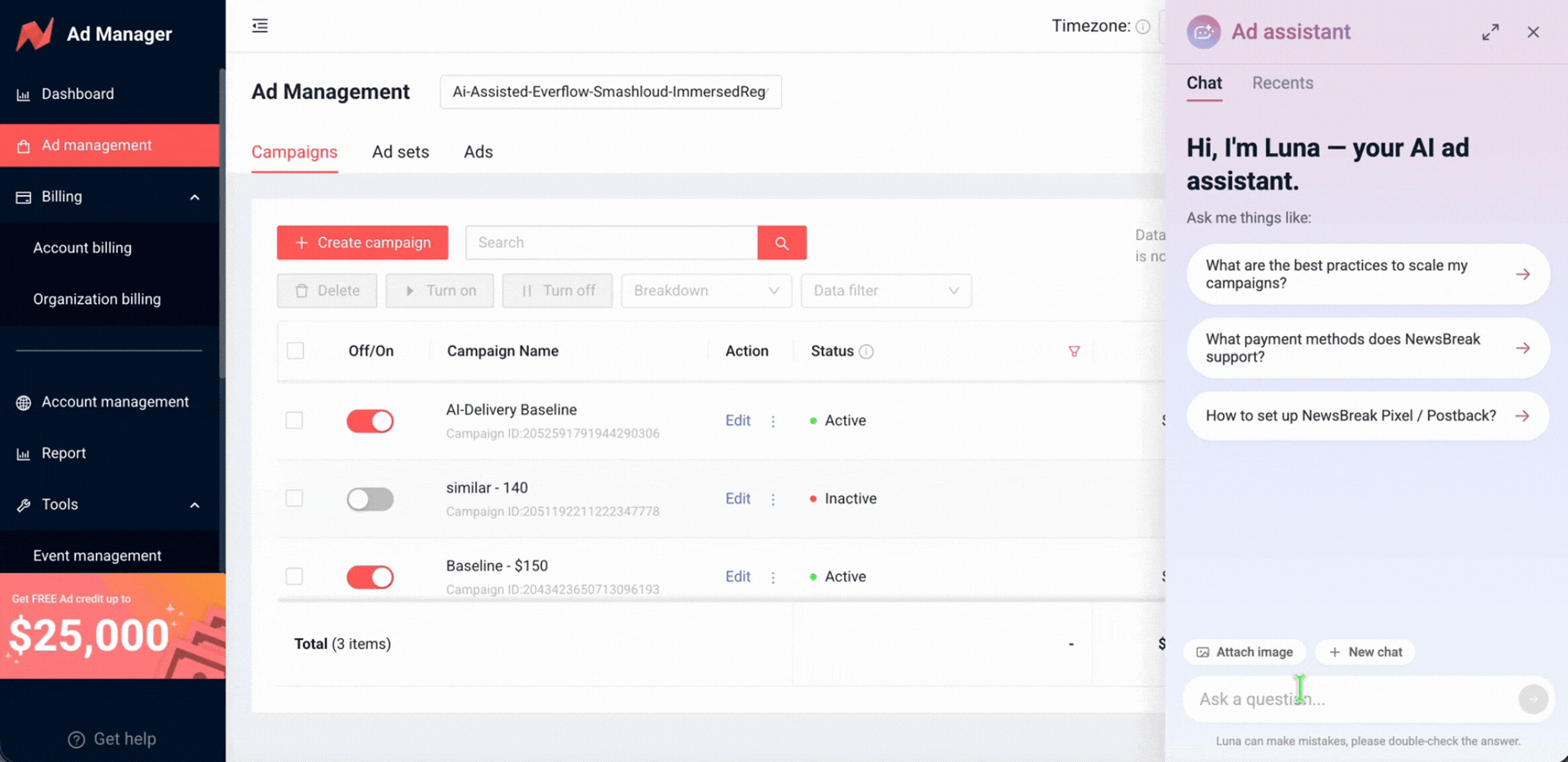 LUNA V1 expanded workspace with conversation history and a detailed campaign answer