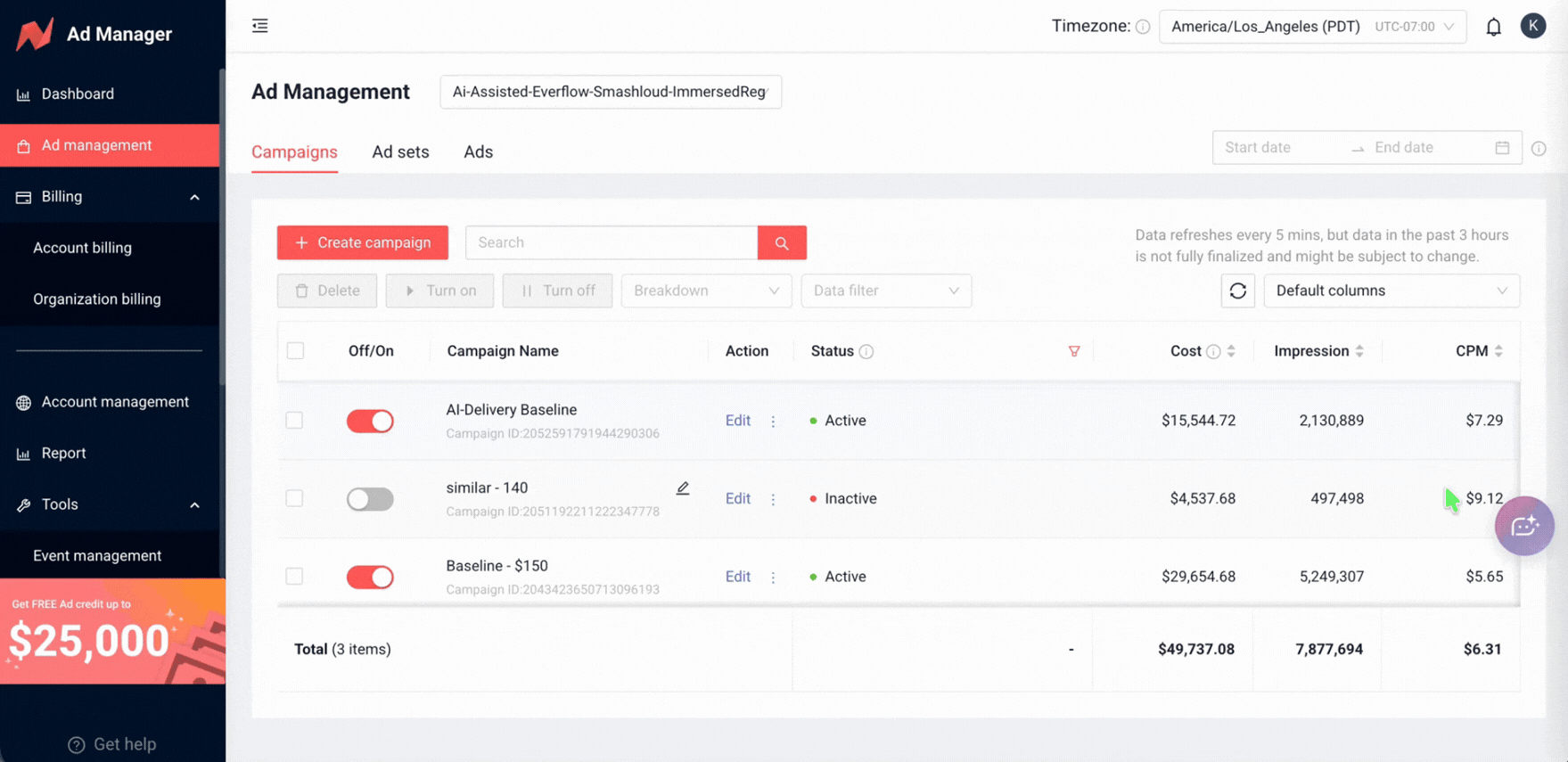 LUNA V1 opening as a compact assistant beside the Ad Manager campaign dashboard