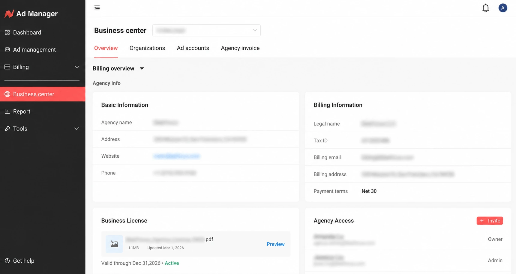 Agency Business Center showing agency info, billing, license, and team access