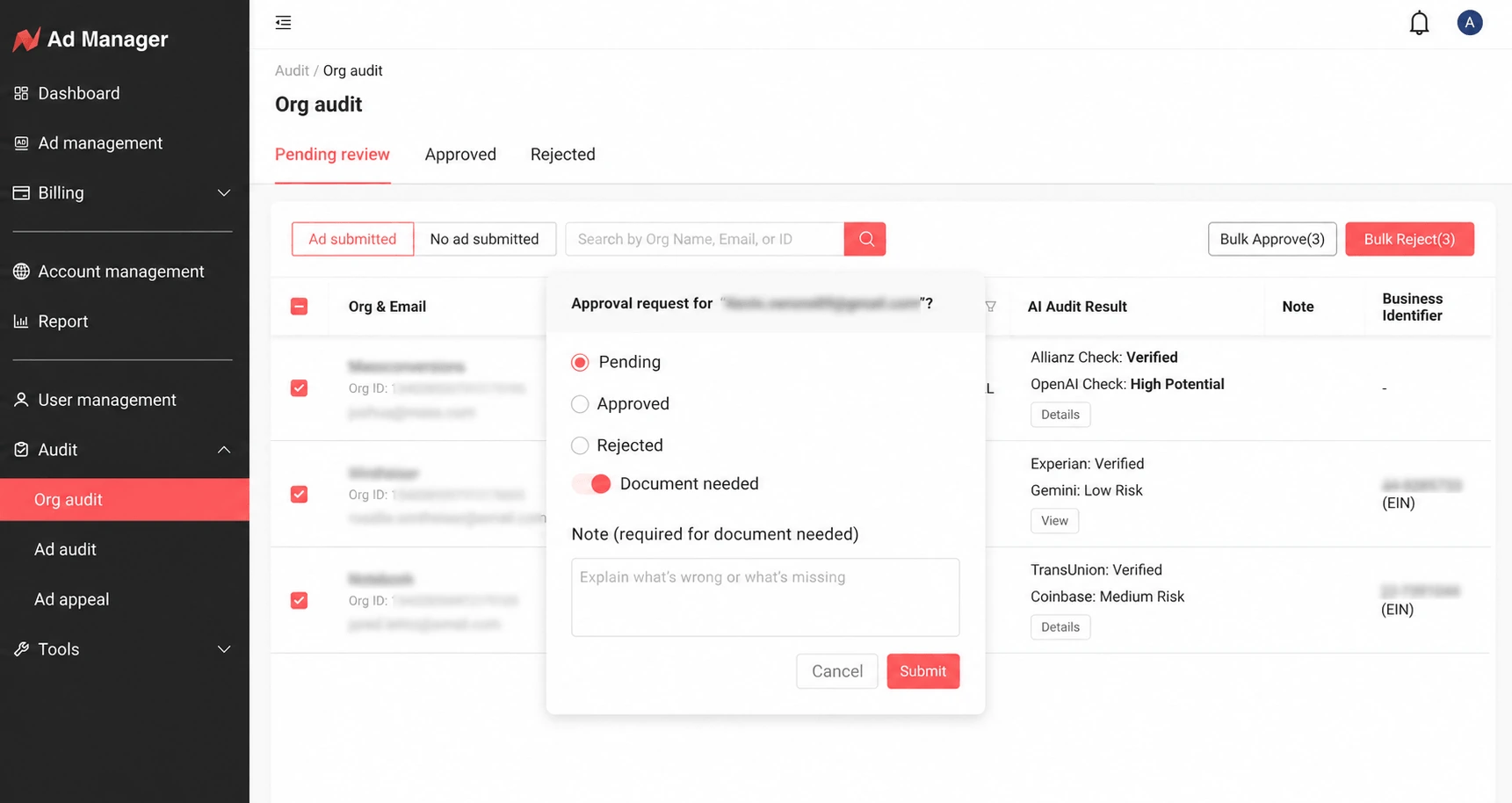 Org audit queue showing AI verification checks and a manual approval decision