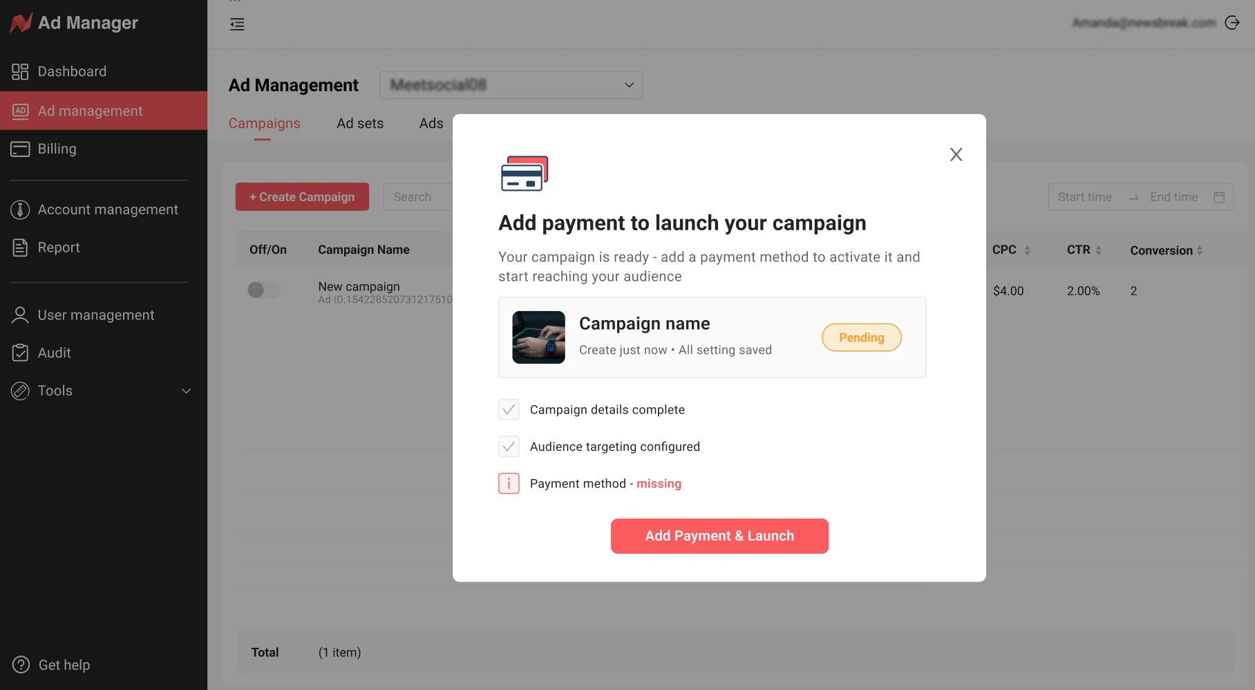 Floating activation checklist and contextual payment popup