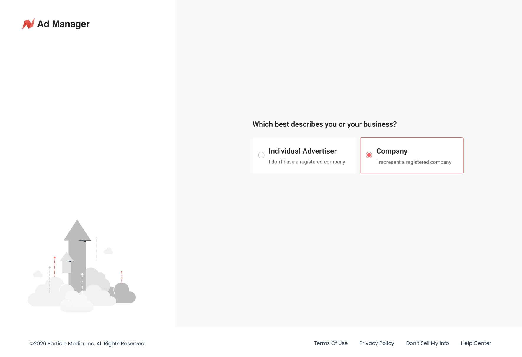 Account type selection screen branching into onboarding forms